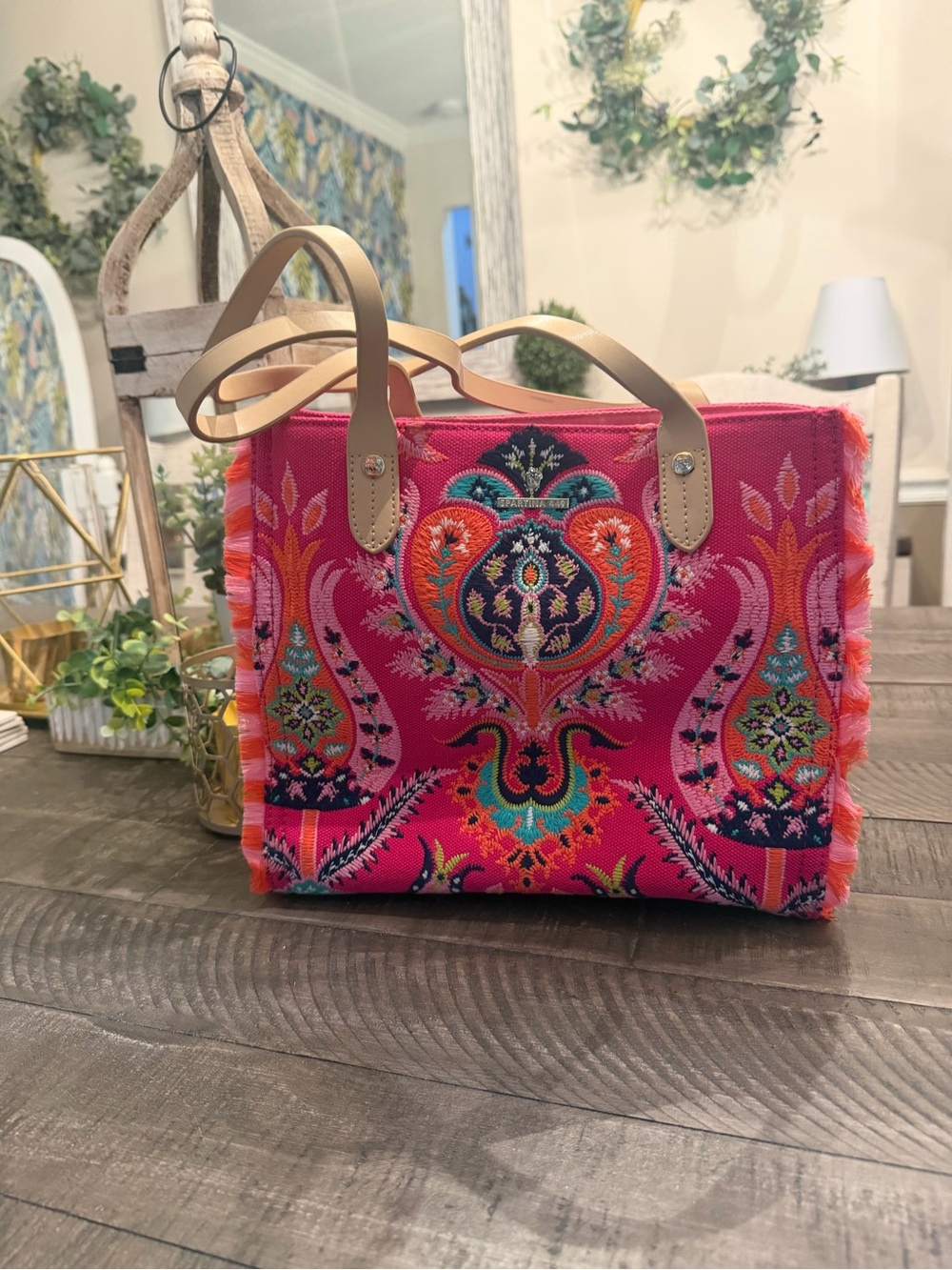Spartina 449 Vibrant Pink Embroidered Tote Bag with Tan Handles